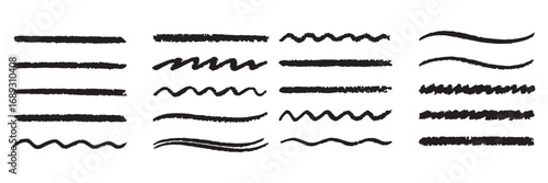 Chalk line underline brush set. Hand drawn crayon and pencil stroke with chalk texture and grunge mark for kid chalkboard design. Doodle border crayon underline in sketch style. Vector illustration