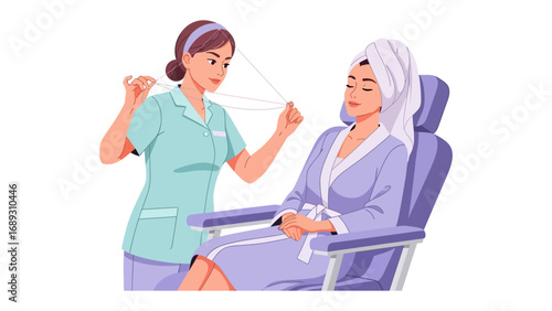 Skilled aesthetician performing eyebrow threading treatment on a relaxed client in a spa setting