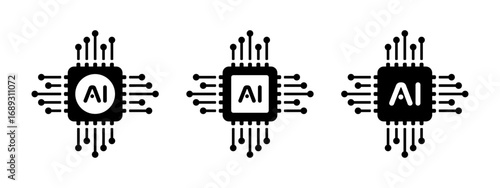Artificial intelligence chip icon, AI processor, black icon set. AI processor symbol logo. EPS 10 Vector illustration