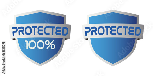 Blue shield badge with the inscription inside, which means safety, security and protection. EPS 10 Vector illustration
