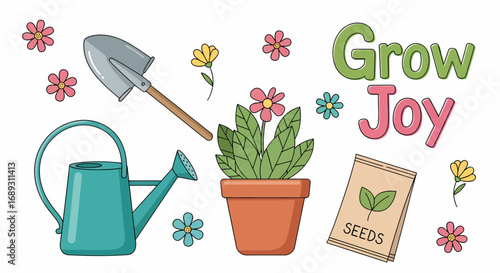 Flat vector gardening tools and blooming flowers grow joy