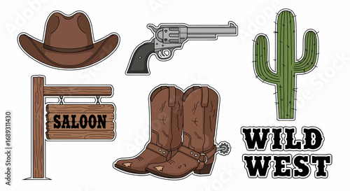 Flat vector wild west icons cowboy hat boots saloon sign pistol cactus