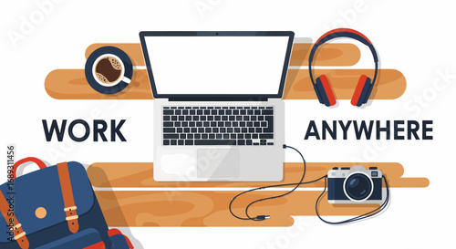 Flat vector workspace with laptop and coffee mug