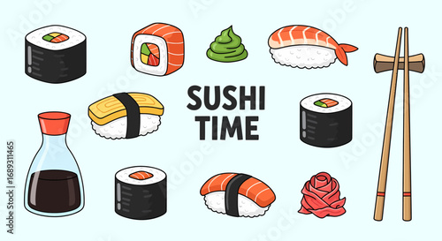 Flat vector sushi meal with chopsticks and soy sauce