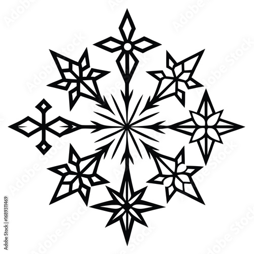 Single black snowflake design with star and geometric elements on white Keywords: snowflake, star