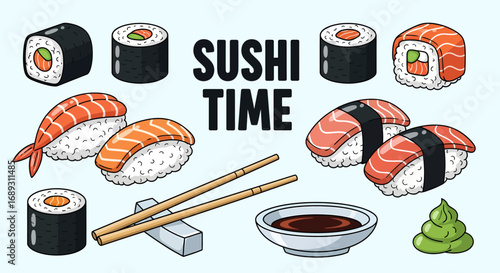 Flat vector sushi assortment with chopsticks soy sauce and wasabi
