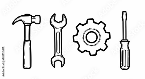 Flat illustration of hammer wrench gear and screwdriver tools