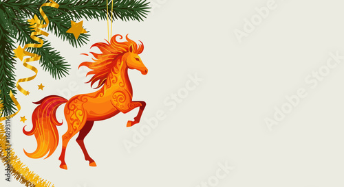 Stylized orange image of a fiery horse hanging on a fir tree branch with patterns with text. Background for a postcard or invitation.