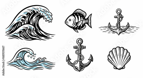 Hand drawn nautical symbols wave anchor fish shell