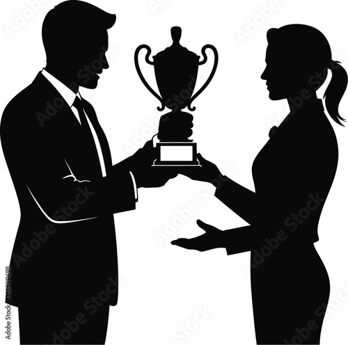 Man giving trophy to woman silhouette award