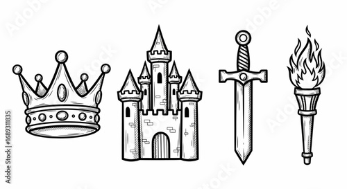 Vector illustration medieval castle sword torch crown icons