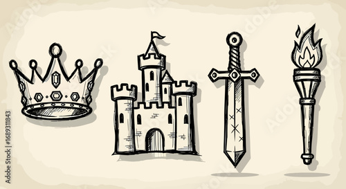 Hand drawn medieval icons castle crown sword and torch