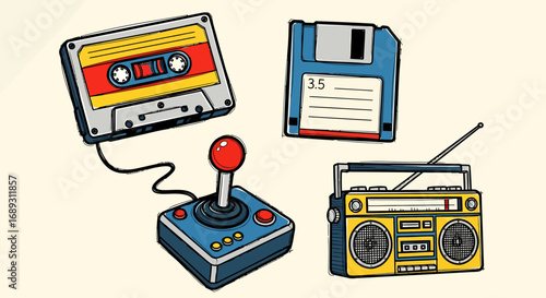 Retro technology objects cassette tape floppy disk joystick boombox
