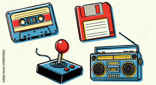 Flat vector retro technology objects including cassette tape floppy disk joystick radio