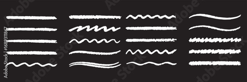 Chalk line underline brush set. Hand drawn crayon and pencil stroke with chalk texture and grunge mark for kid chalkboard design. Doodle border crayon underline in sketch style. Vector illustration