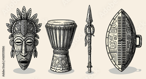 Illustration tribal mask drum spear shield ancient art