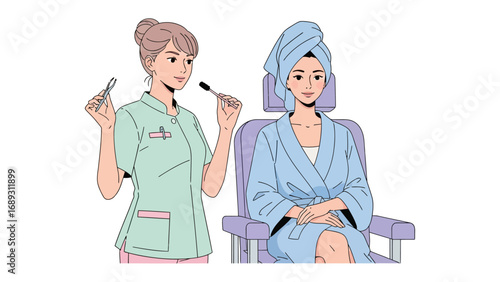 Skilled makeup artist applying cosmetics to a relaxed client wearing a towel and robe