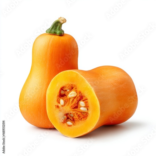 Butternut squash cut in half shows the seeds inside and a whole butternut squash