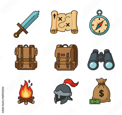 A series of nine vector icons in a minimalist, modern style, with well-defined contours and solid colors. The icons include a sword, a map with an 'X', a compass, two backpacks, binoculars, a campfire