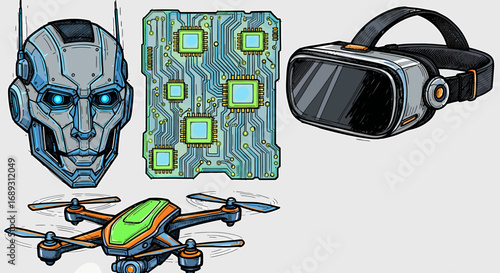 Flat illustration robot head circuit board drone VR headset