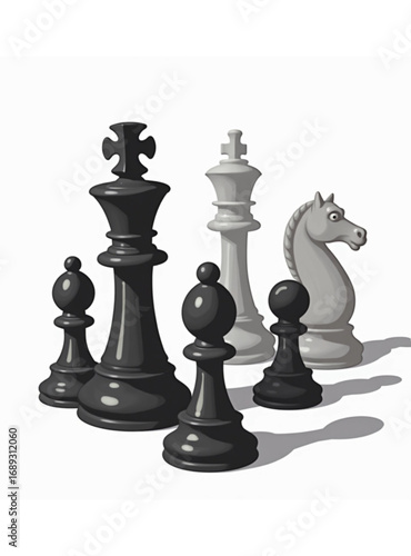 Strategic Standoff: A detailed illustration showcasing an assembly of formidable chess pieces, poised in a captivating formation that signifies strategic thinking and competition. 
