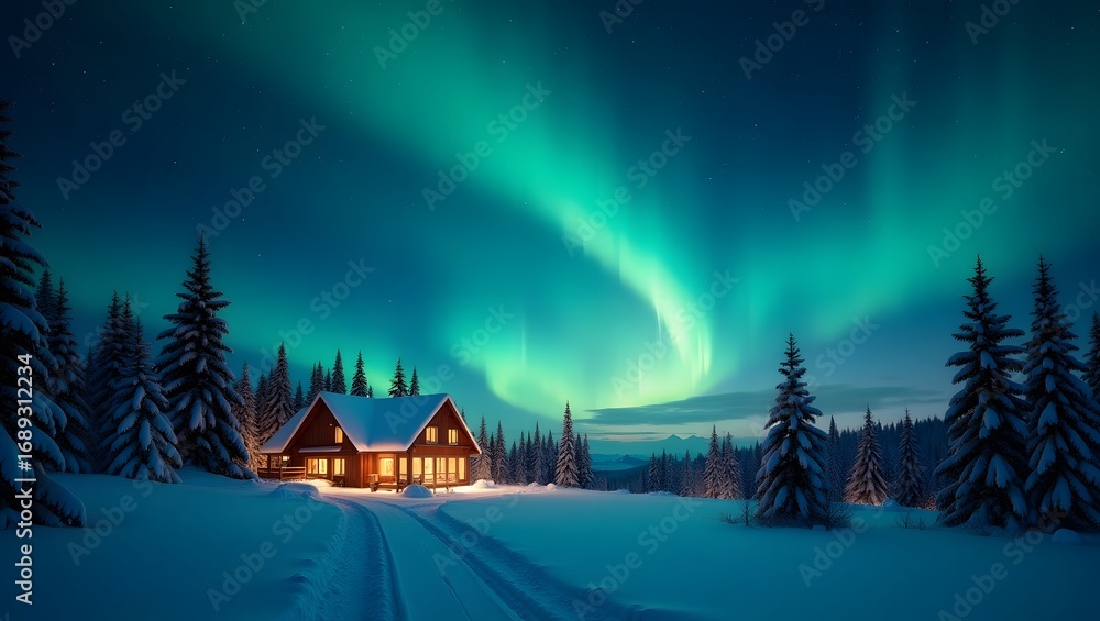 Fototapeta premium Christmas theme, Christmas night sky with northern lights and glowing stars.