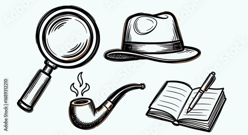 Hand drawn illustration magnifying glass fedora hat pipe and notebook