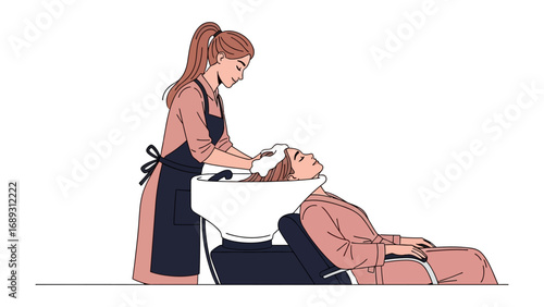 Hairdresser washing client s hair over a sink in a salon setting with minimalist illustration style