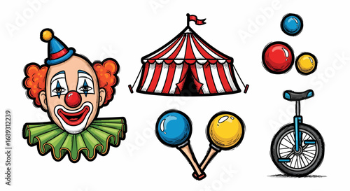 Cartoon circus elements clown tent unicycle maracas balls