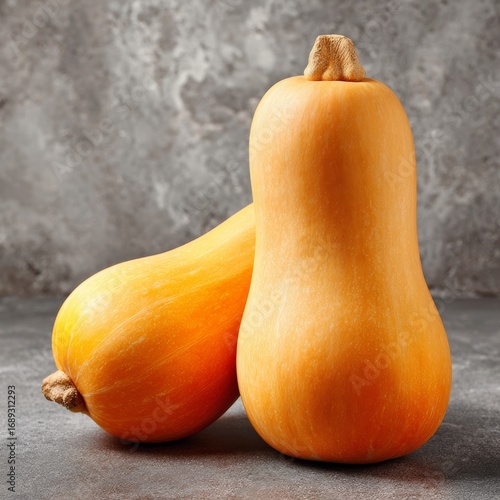 Two fresh, ripe butternut squash sitting on a stone surface, perfect for cooking. Their vibrant color and smooth texture make them a visually appealing image