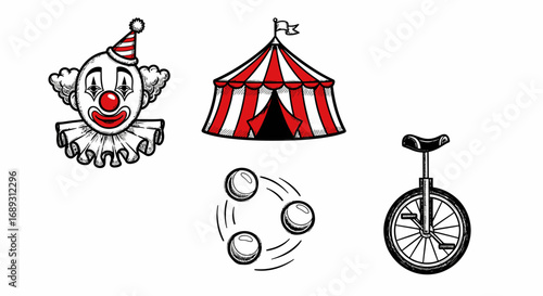 Hand drawn illustration of clown circus tent juggling balls unicycle