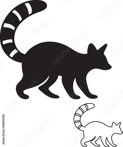 A stylized illustration of a lemur with a distinctive, ringed tail. The image shows a bold, solid black silhouette above a clean line art outline, emphasizing the animal's walking posture.