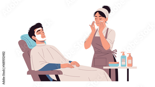 Skilled aesthetician applies a refreshing facial mask to a relaxed man in a spa setting