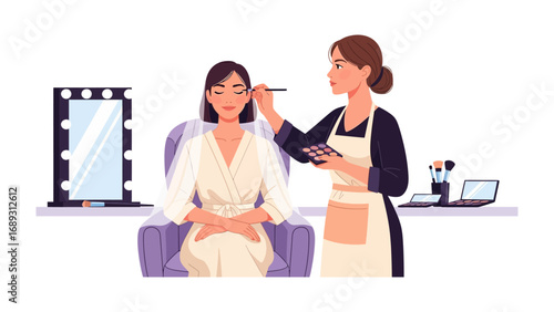 Professional makeup artist applying cosmetics to a client in a well lit studio setting