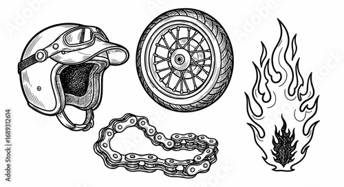 Sketch motorcycle helmet wheel chain flames illustration