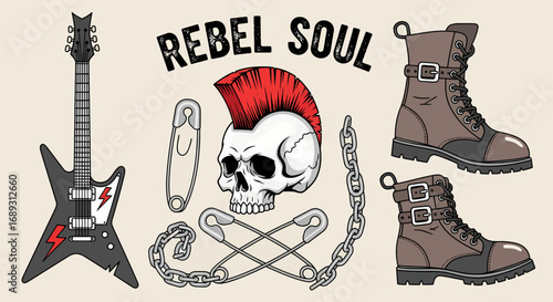 Creative collection of punk rock accessories flat vector illustration