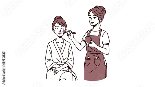 Artist applying makeup to a woman with a brush in a stylized hand drawn illustration