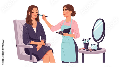 Professional makeup artist applying makeup to a seated client in a salon setting with beauty tools