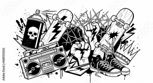 Flat vector skateboard elements and lightning bolts