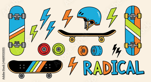 Radical flat vector illustration of skateboards and lightning bolts