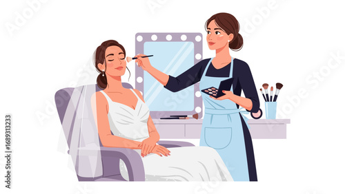Professional makeup artist applying cosmetics to a bride in a well lit dressing room before the wedding ceremony