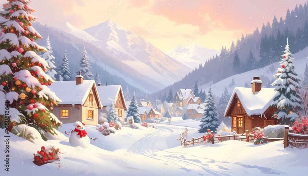 Fototapeta premium A snowy village nestled in a picturesque winter landscape, featuring snow-covered houses, mountains, and festive decorations, evoking a sense of peace and warmth