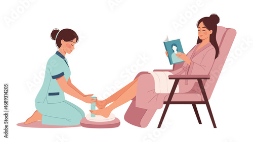 Relaxing pedicure experience client enjoys tablet while technician attends to feet