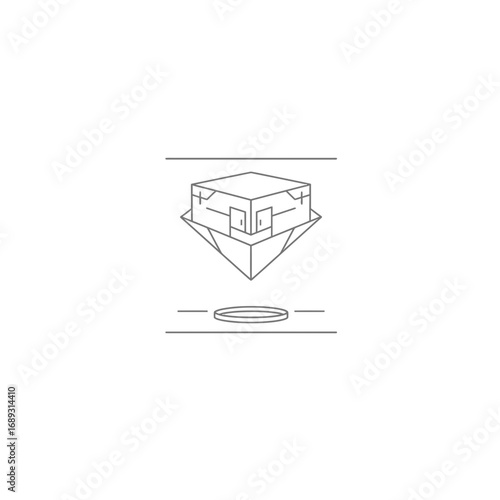 Gray Scale Line Drawing of Levitating Cube and Platform