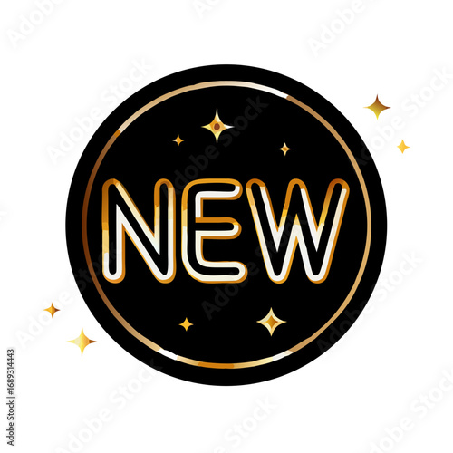 Elegant golden circle with the word new in glowing letters and sparkling stars on a black background announcing something special