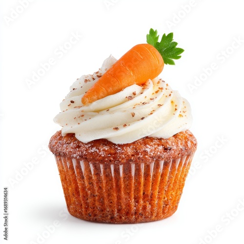 A delicious carrot cupcake with cream cheese frosting, a carrot, and a sprig of parsley. A sweet and savory treat
