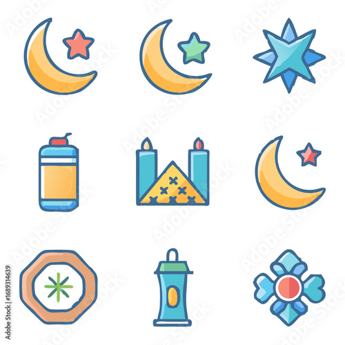 Collection of islamic symbols including crescent moons stars mosque lantern and decorative elements in a flat design style