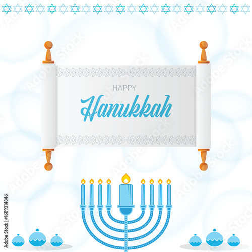 A clean and modern greeting card for the Jewish festival of lights. Features a menorah and a decorative scroll with "Happy Hanukkah" text on a bright background.