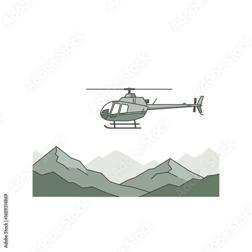 Green Helicopter Flying Over Mountains