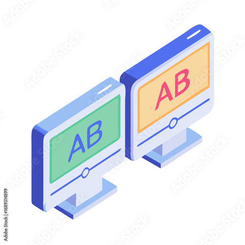 Two isometric computer monitors displaying the letters ab in different colors representing a b testing comparison and analysis